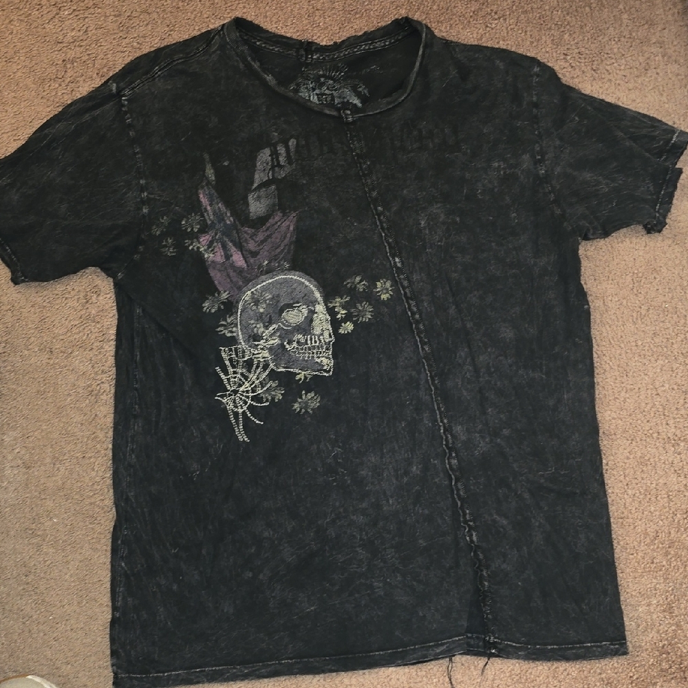 Men's Goth Black Embroidered Skull Graphic T-Shirt Cool Stitching XL